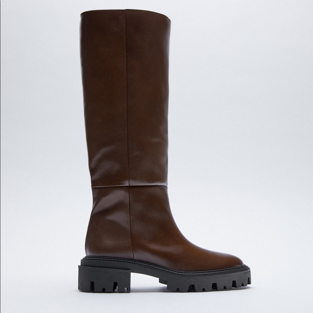 Zara Brown Knee-High Chunky Sole Leather Boots - Picture 8 of 17